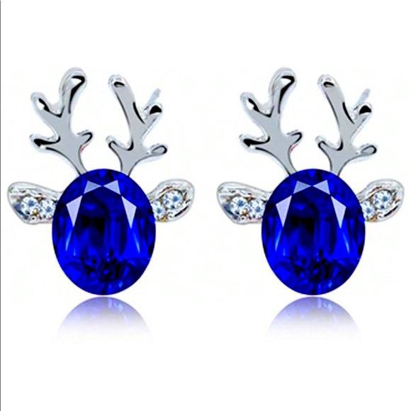 Jewelry - Reindeer Crystal Holiday Earrings Blue Silver New